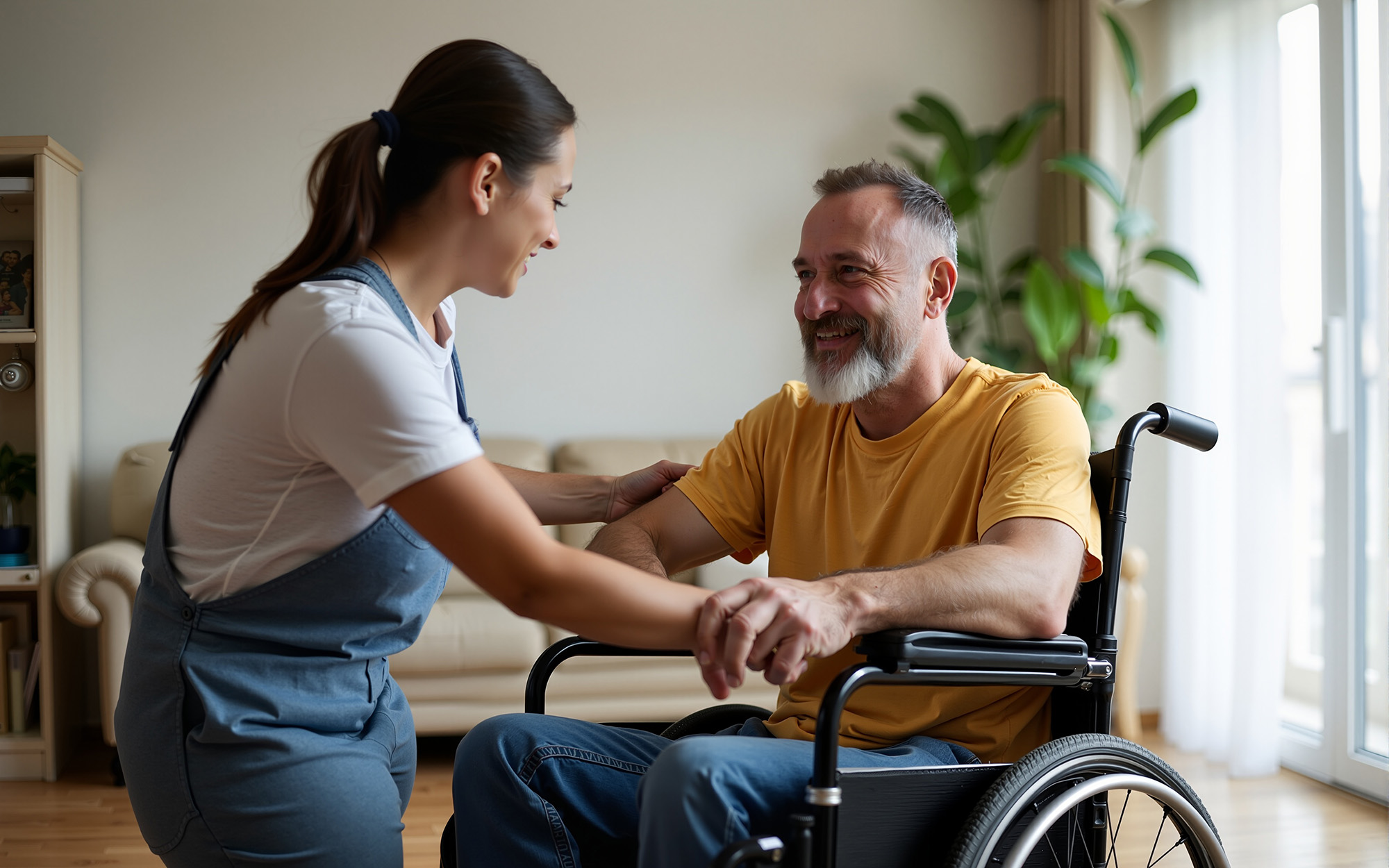 Volunteer helping a man in a wheelchair at home